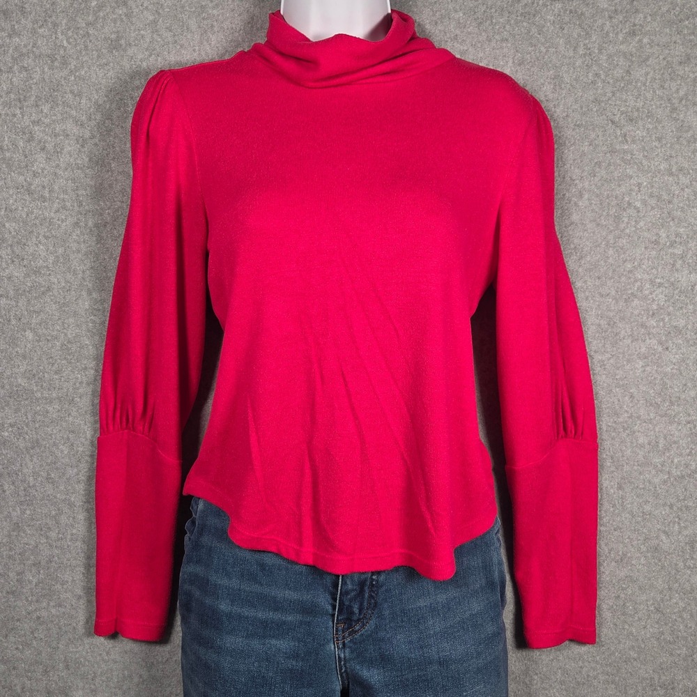 Anthropologie Women XS Turtleneck Puff Sleeve Top Pink Cozy Soft Academia - Picture 2 of 9